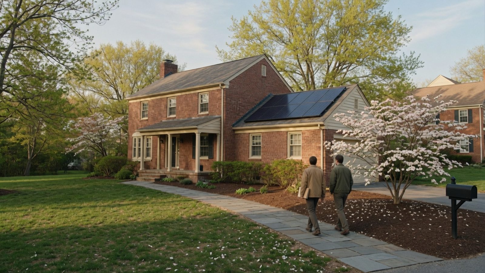 Two people walking up the front path of a brick home with rooftop solar panels.