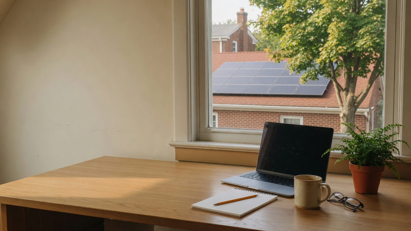 Desk with an open laptop, notepad and mug beside a window facing a solar roof.
