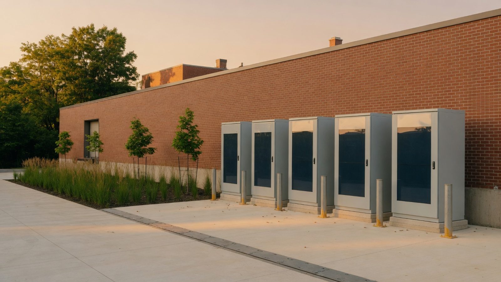 Row of outdoor battery cabinets on a concrete pad beside a brick warehouse at sunset.