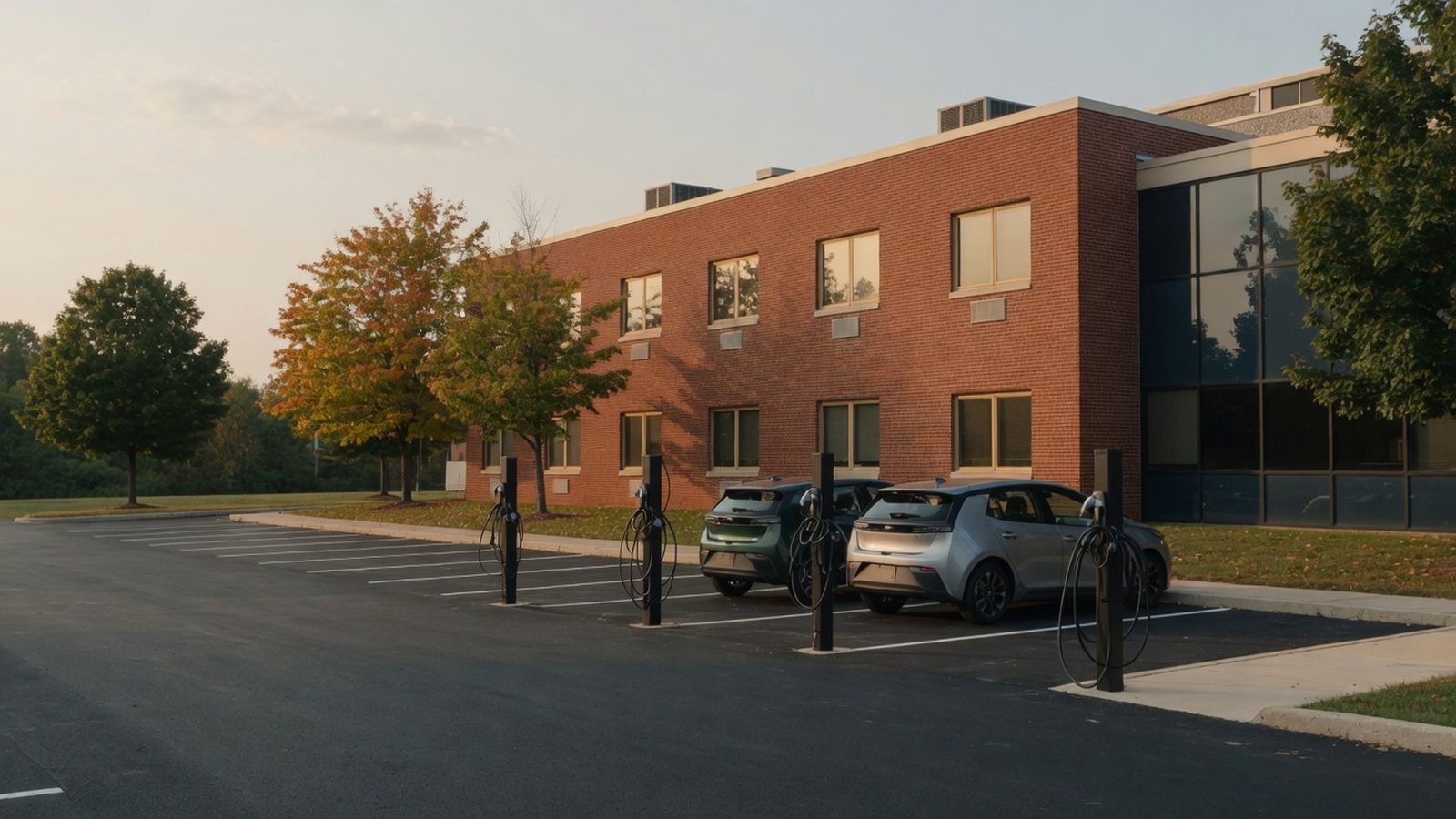 Row of electric vehicle chargers in an office parking lot with two parked cars.