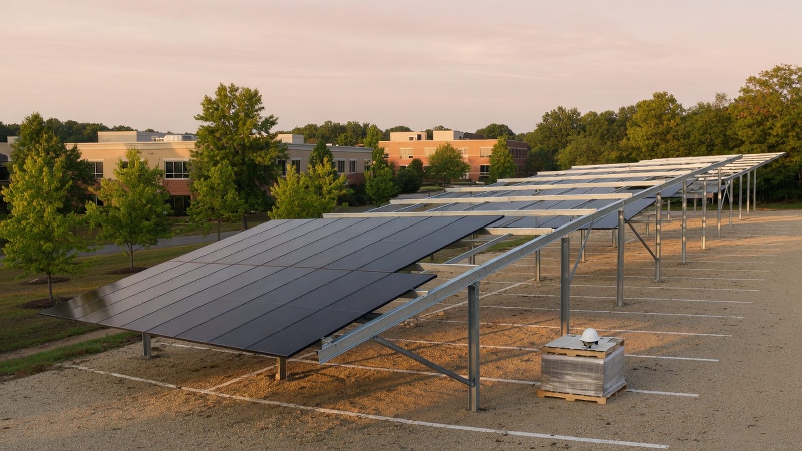 Solar parking canopy under construction at sunrise with steel beams and a pallet of panels.
