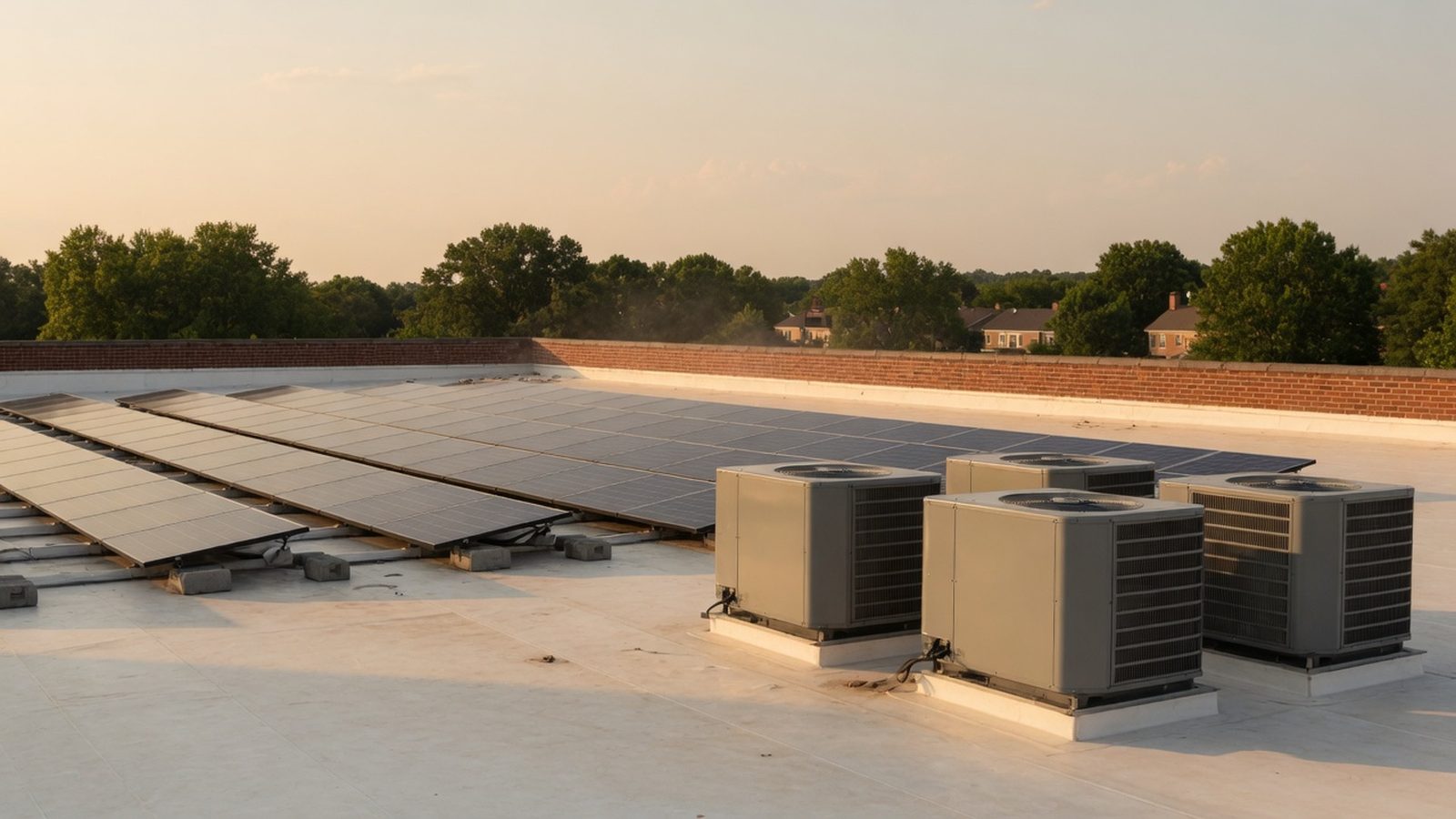Rooftop air-conditioning units in front of rows of solar panels on a flat roof.