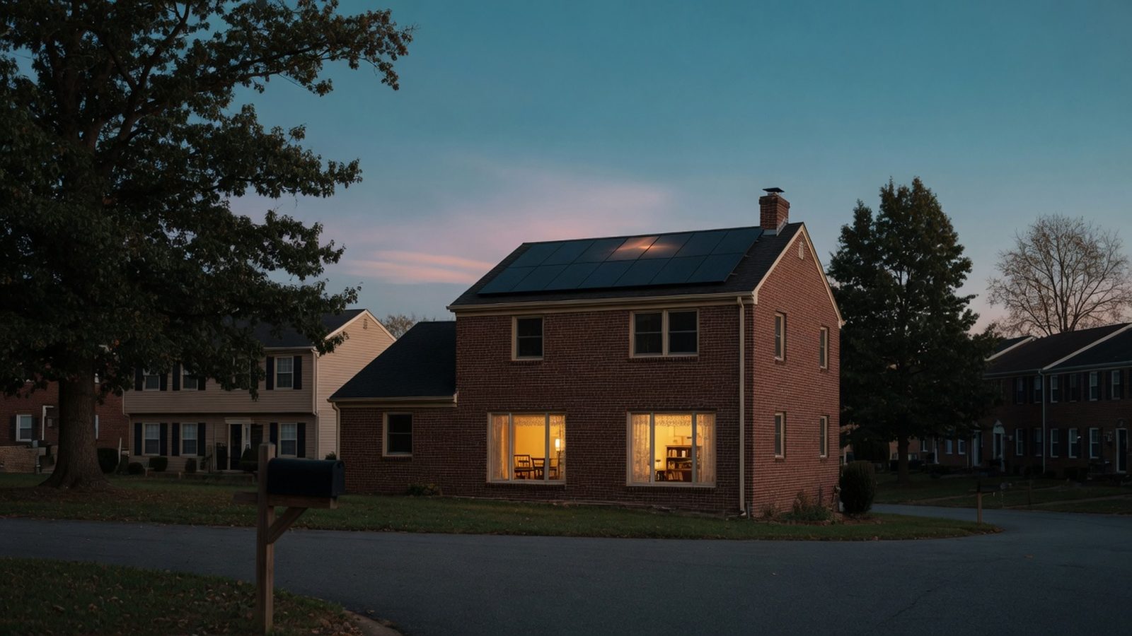 Dusk on a quiet street with one brick house glowing warmly beneath a dark rooftop array.