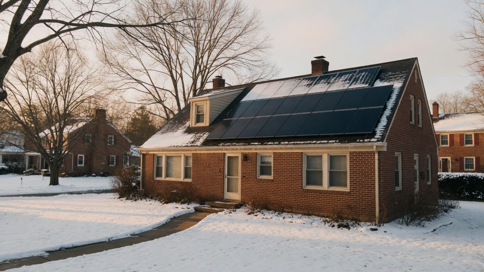 Snow sliding off the upper rows of solar panels on a brick house.