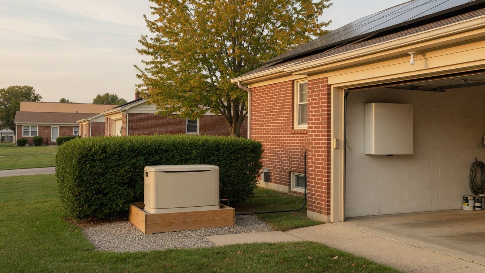 Standby generator in a side yard and a wall-mounted home battery visible in the garage.