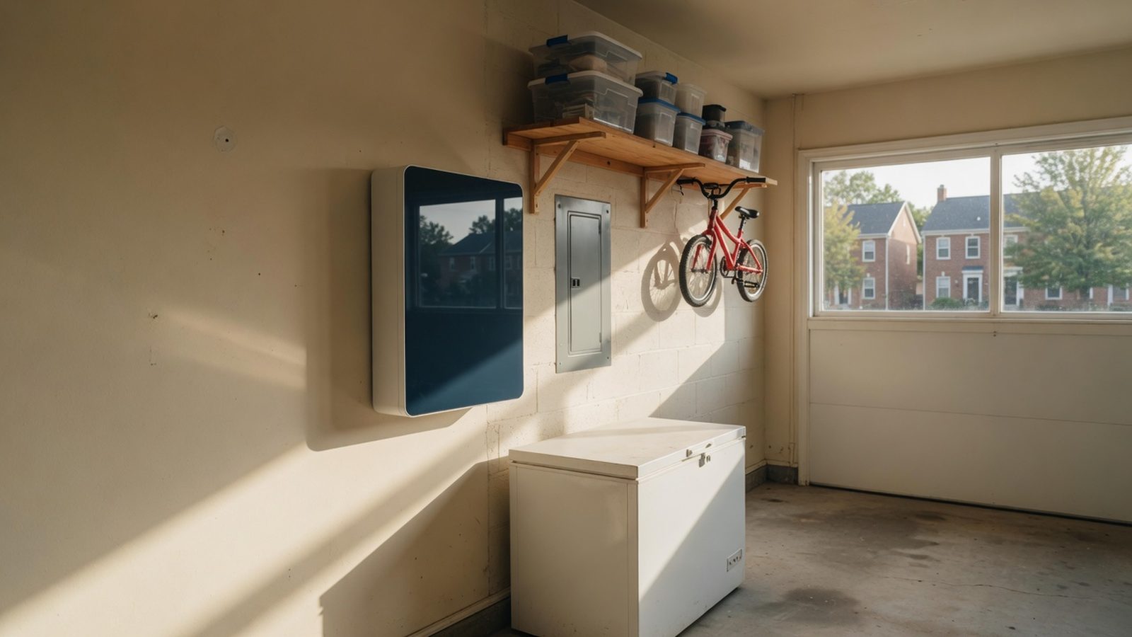 Wall-mounted home battery beside a chest freezer in a tidy townhouse garage.
