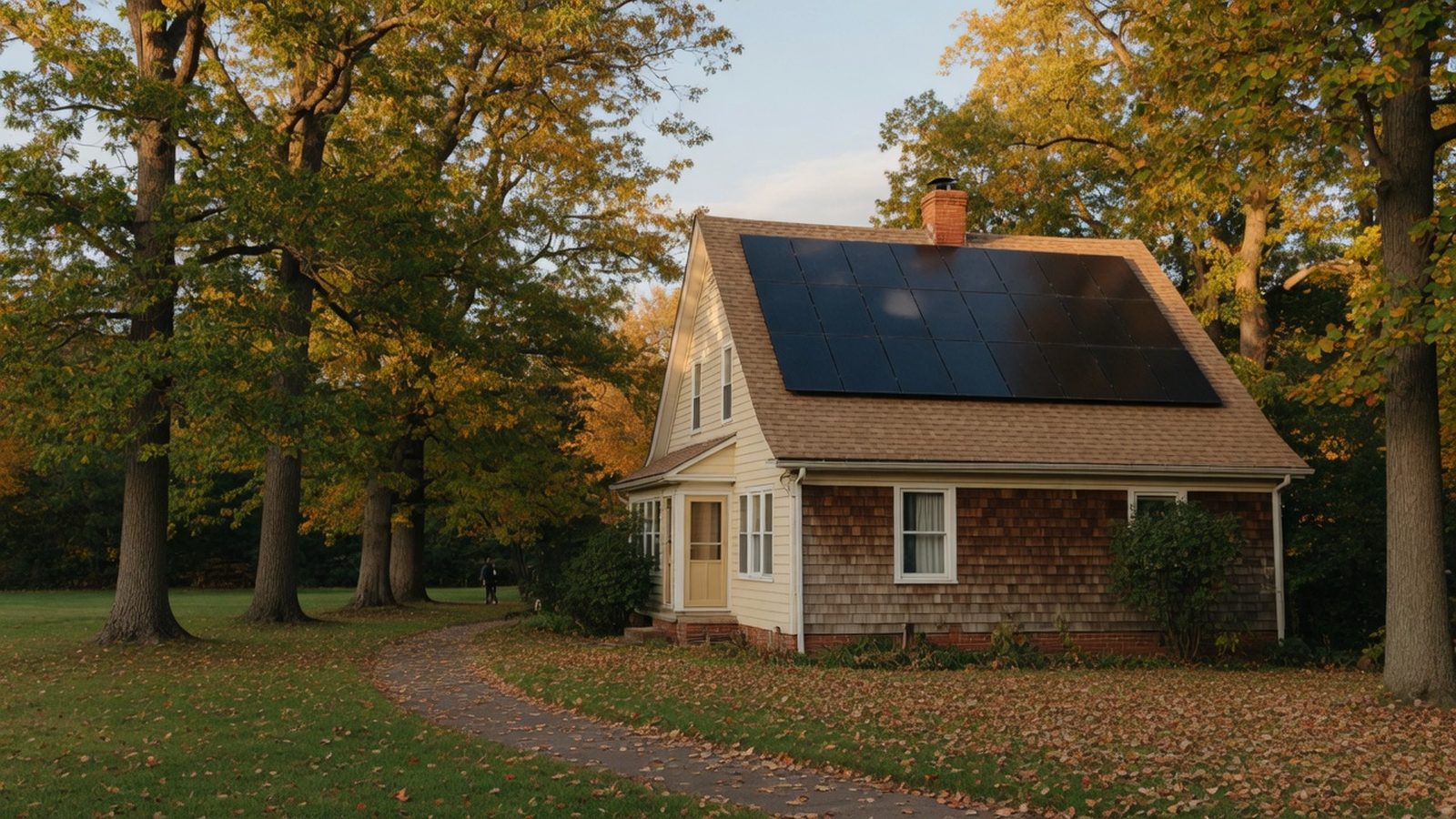 House with rooftop solar panels among autumn trees in a wooded Maryland neighbourhood.