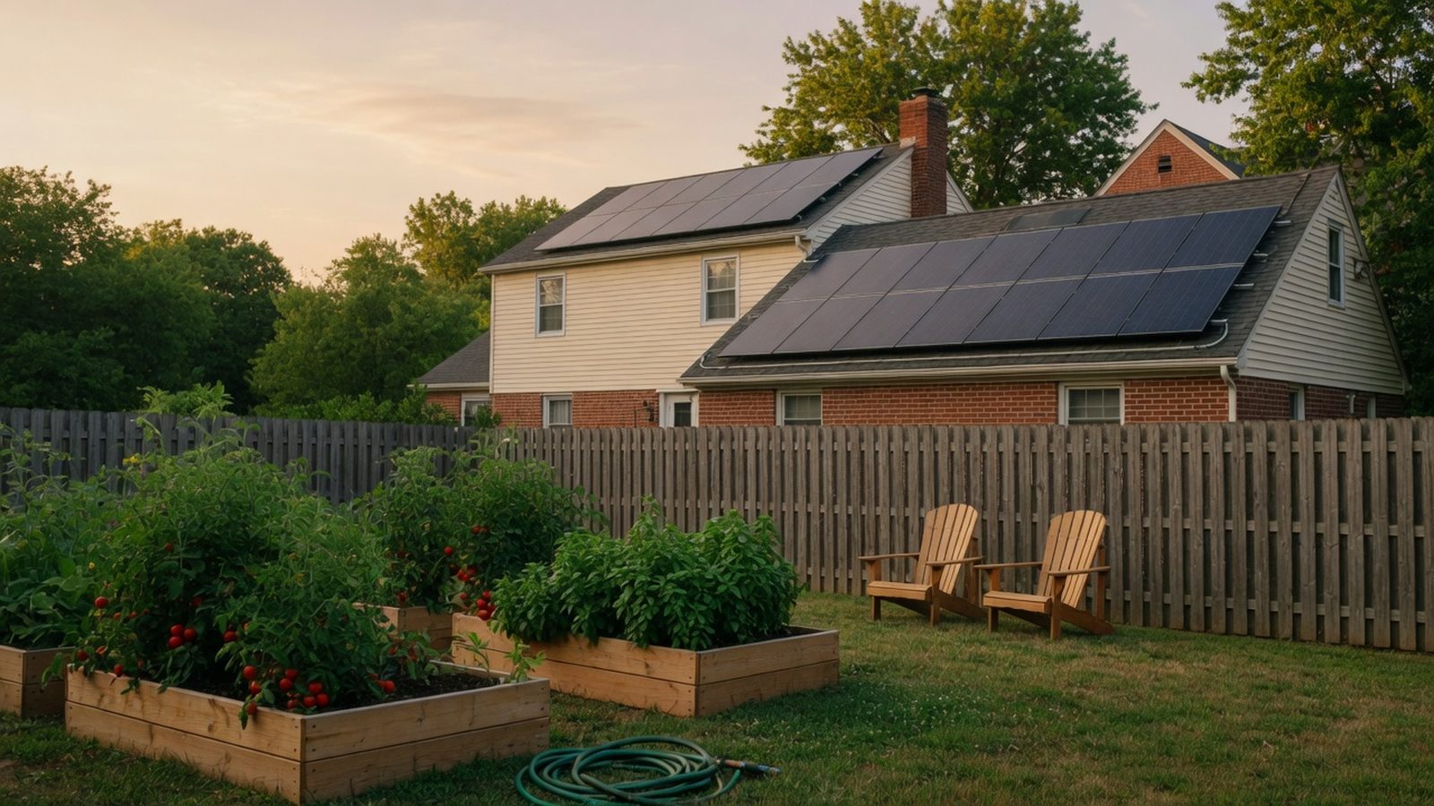 Vegetable garden and chairs below a house roof with solar panels at sunset.
