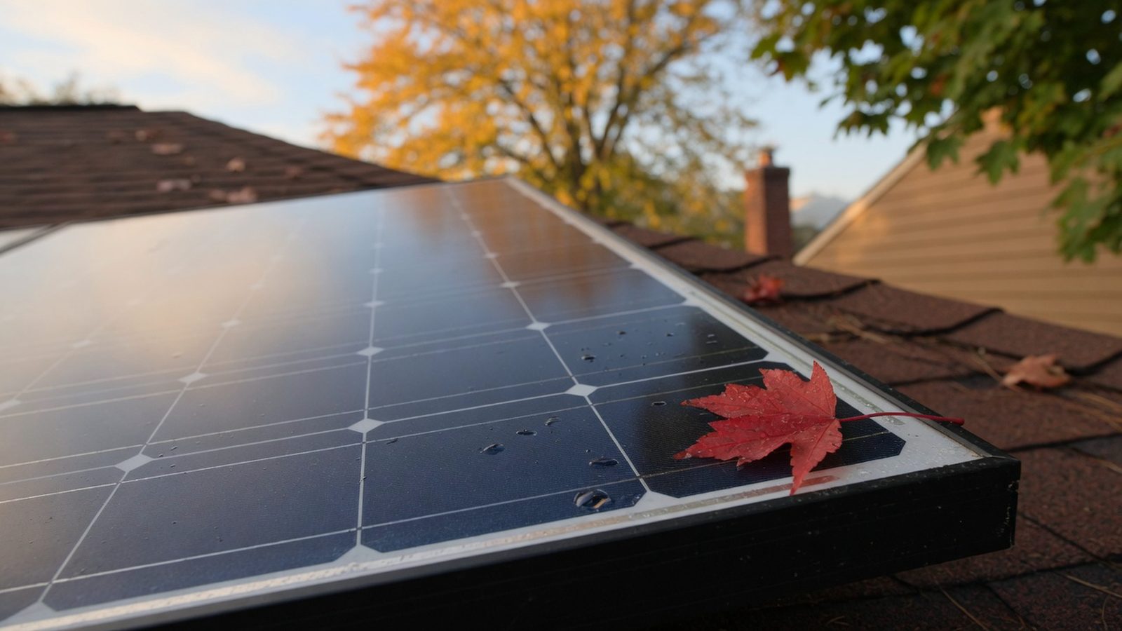 Close view of a solar panel corner with a red maple leaf and dew.