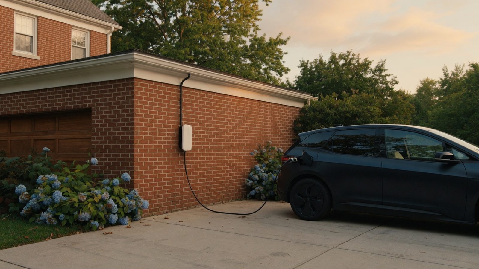 Wall-mounted home EV charger plugged into an electric car beside a brick garage.