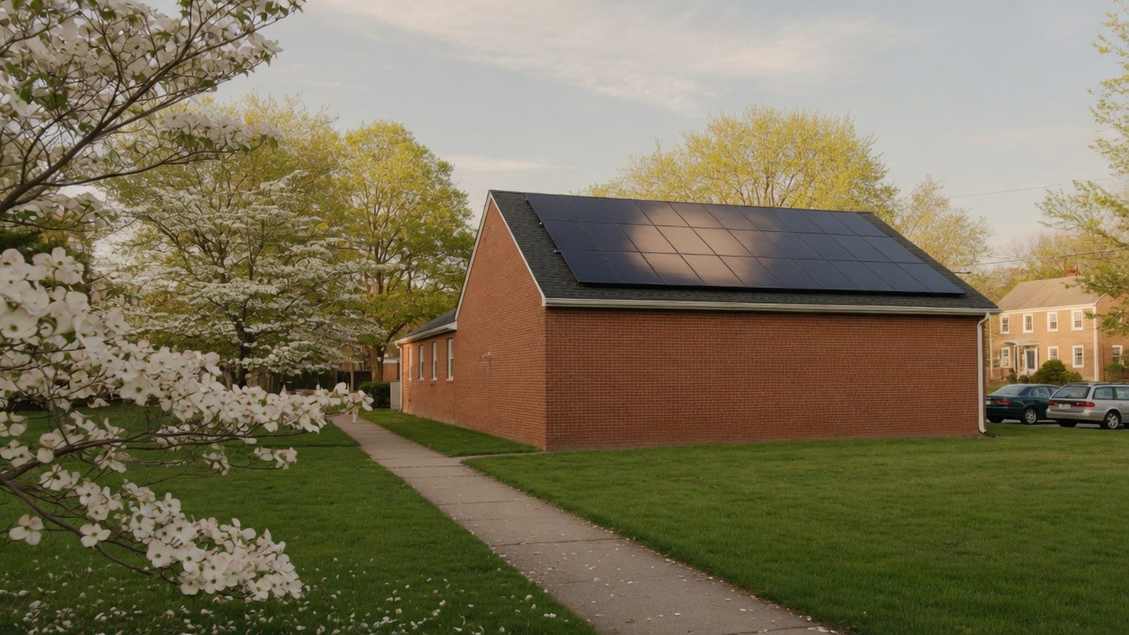 Red-brick community hall with a small solar array and a flowering dogwood in front.