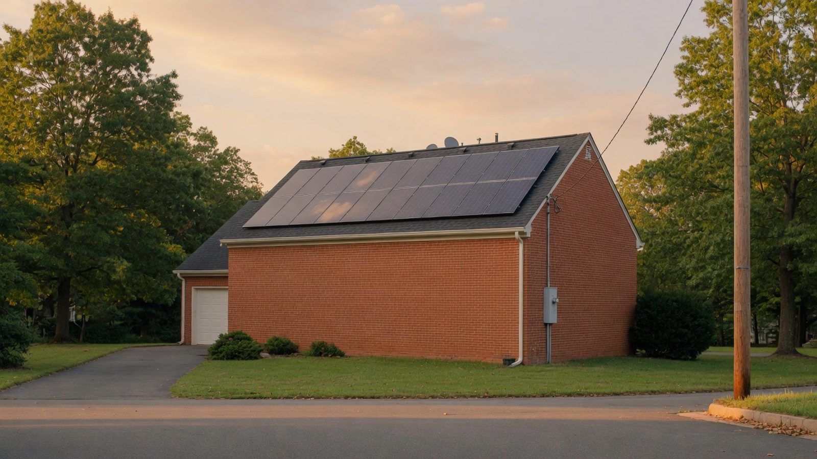 Overhead power line reaching a brick house at dawn, solar array corner above.
