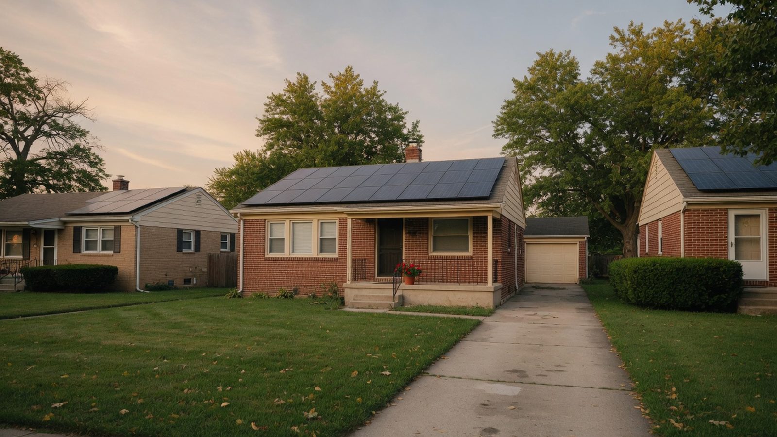 Modest brick ranch house with a small rooftop solar array on a residential street.