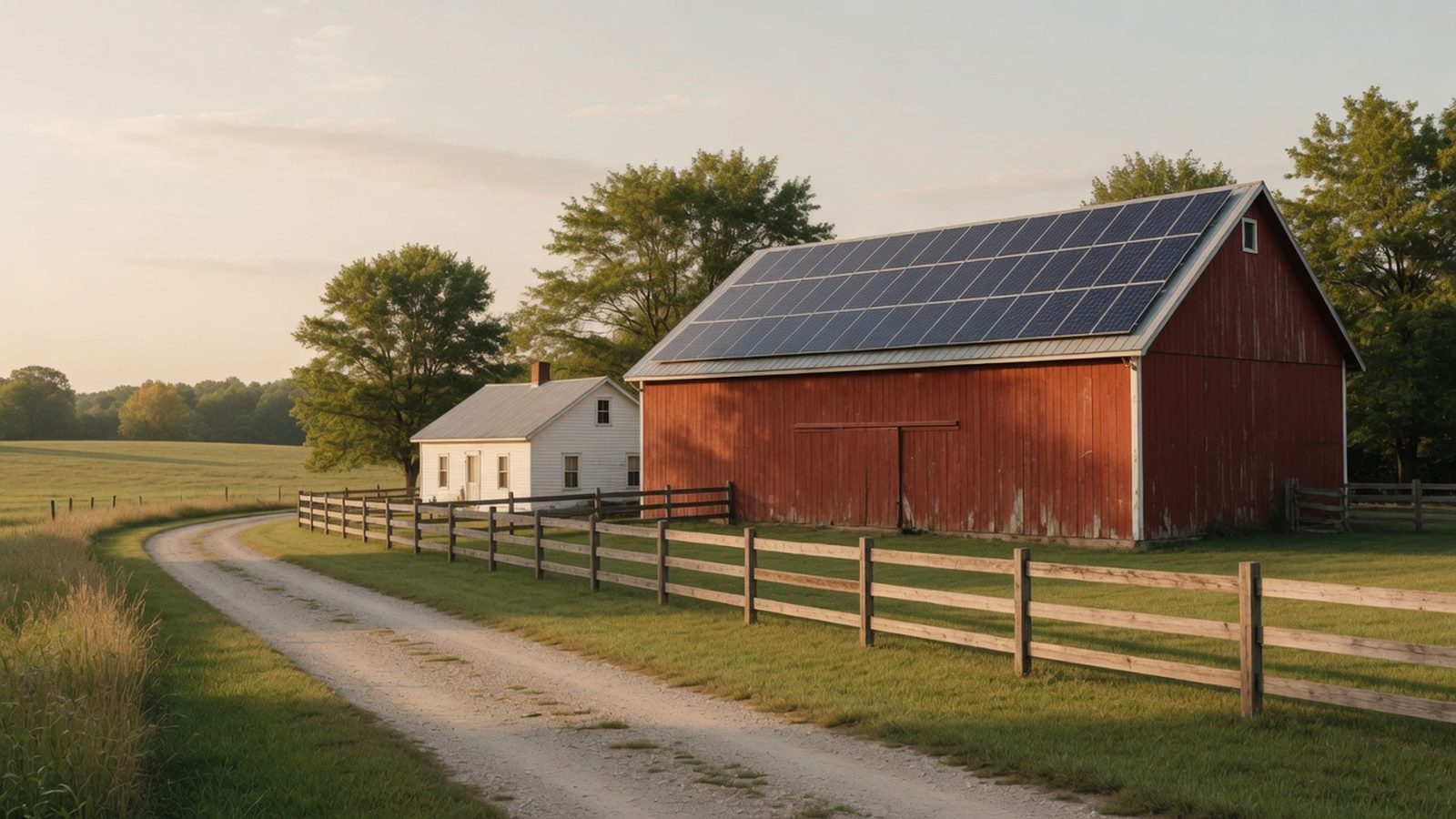 Red barn with a long row of solar panels on its roof above green pasture.