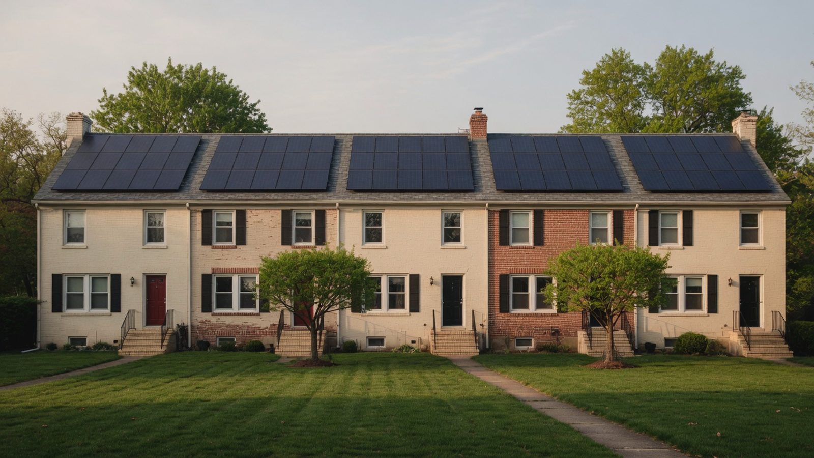 Brick townhouses seen across a lawn, each with solar panels set back from the ridge.