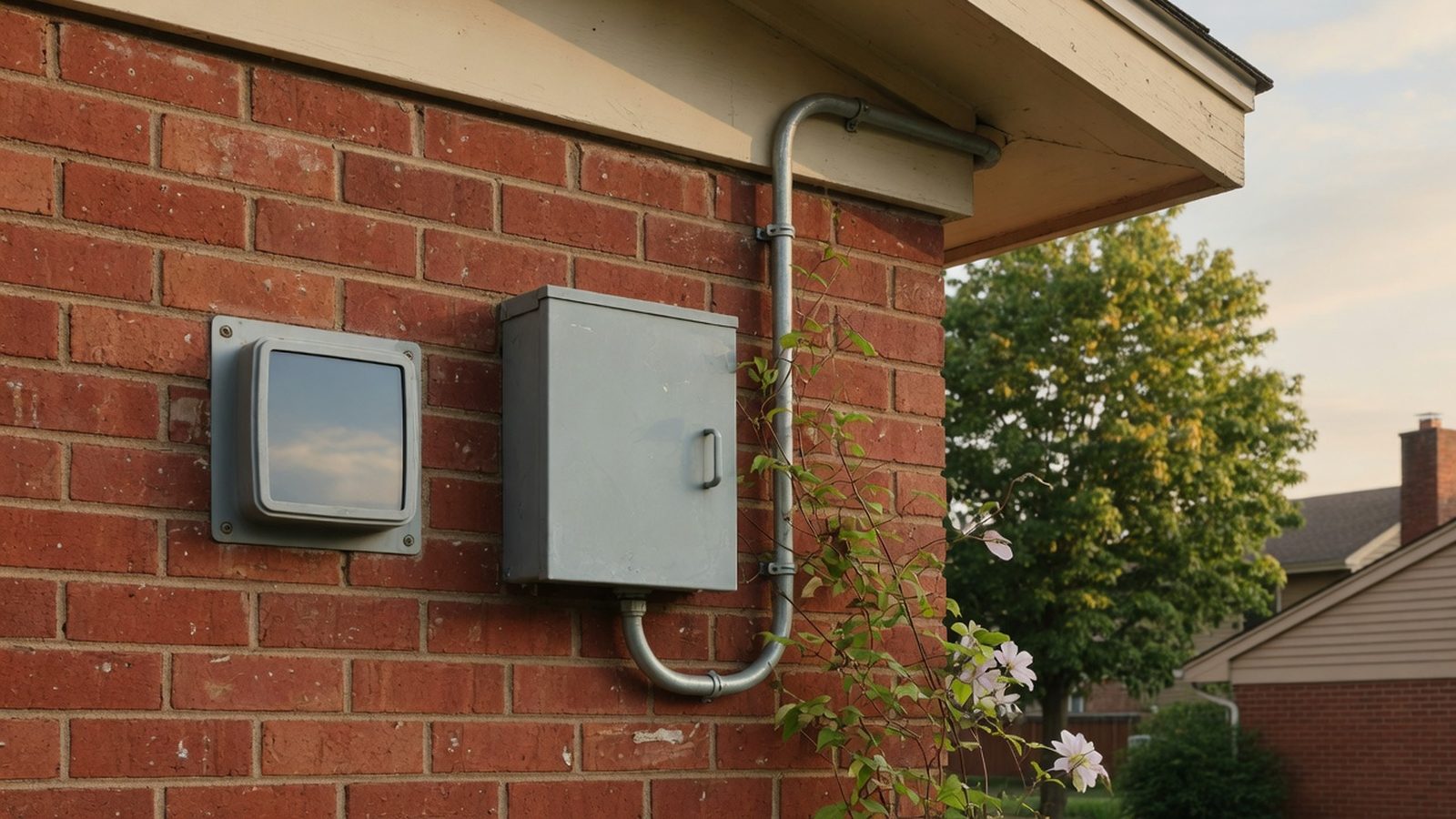 Small electrical meter box and disconnect on a brick garage wall with a clematis vine.