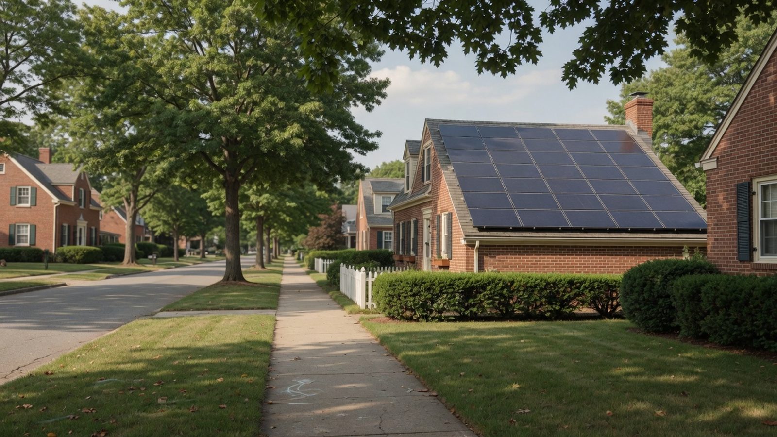 Tree-lined street of brick Cape Cod houses with solar panels on one front roof.