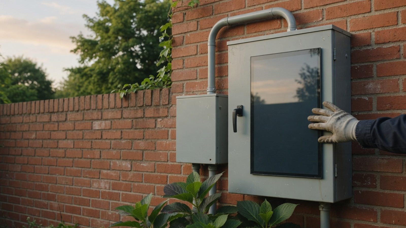 Gloved hand on an electrical disconnect lever beside a meter on a brick wall.
