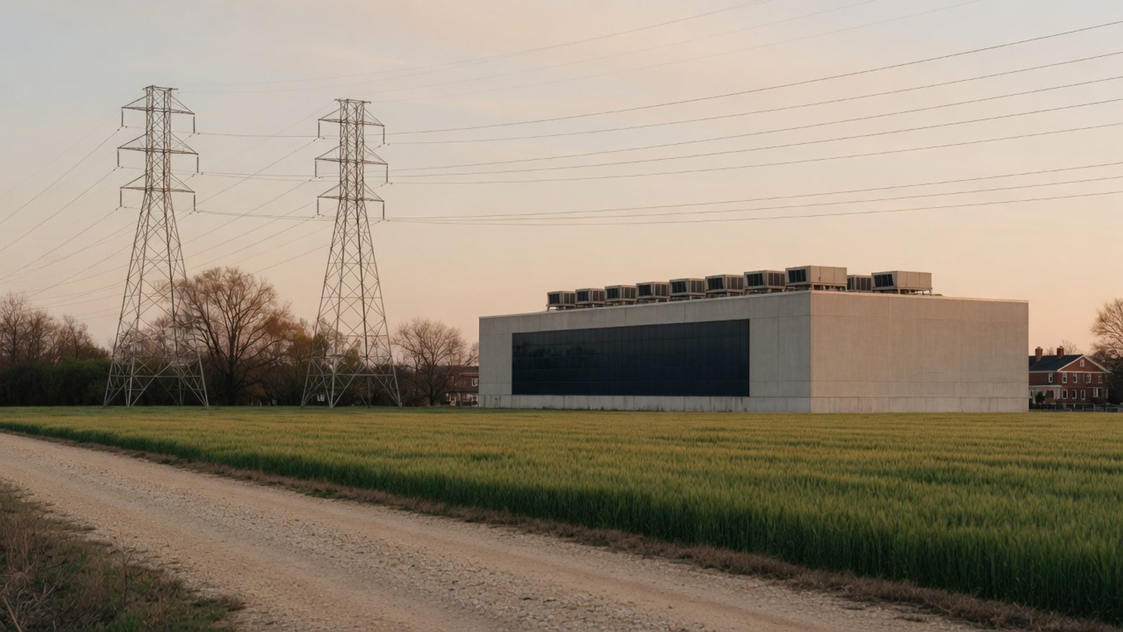 Transmission towers crossing farmland at sunrise with a large low building on the horizon.