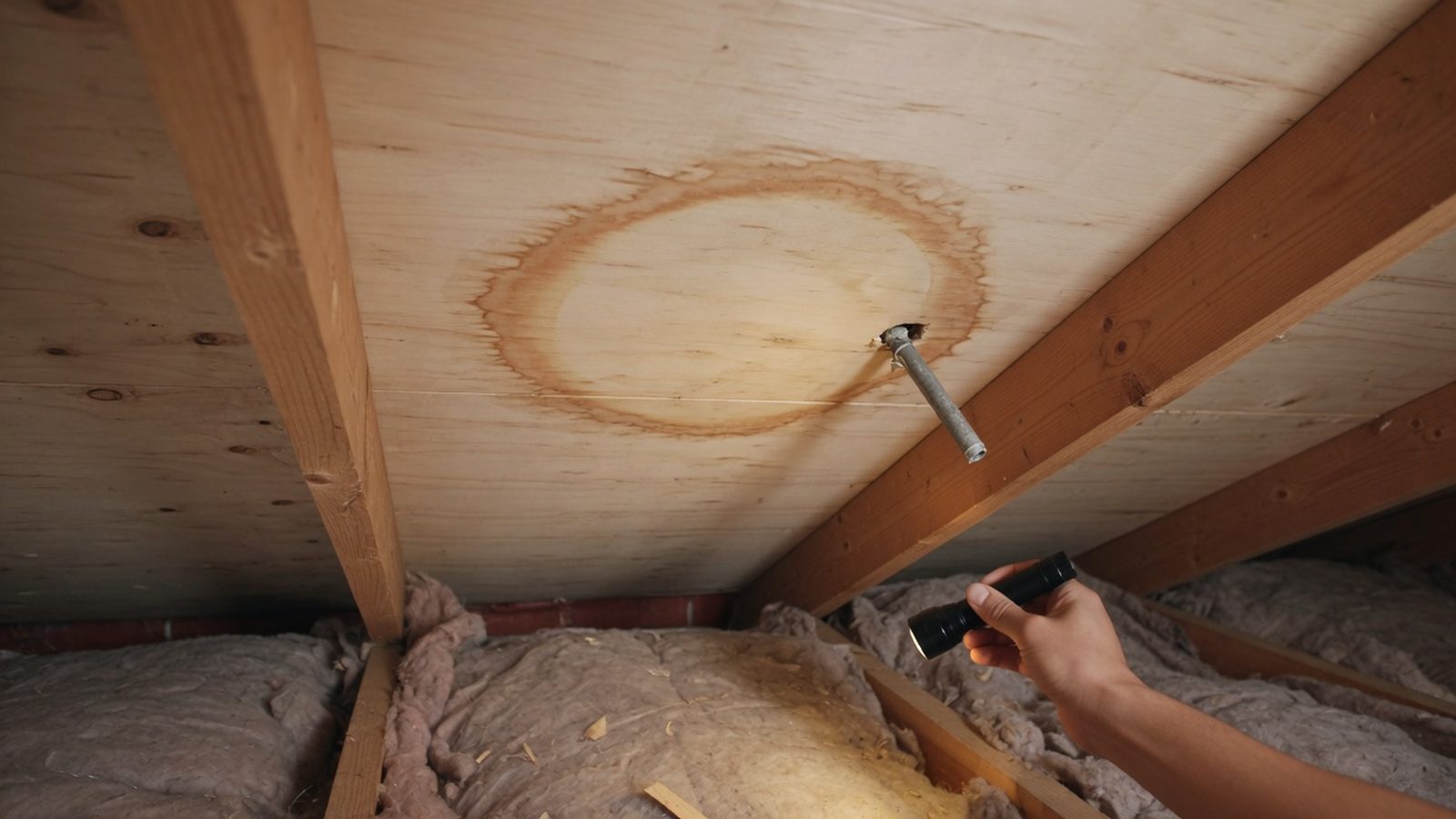 Flashlight beam on a small faint stain beneath roof decking in a tidy attic.