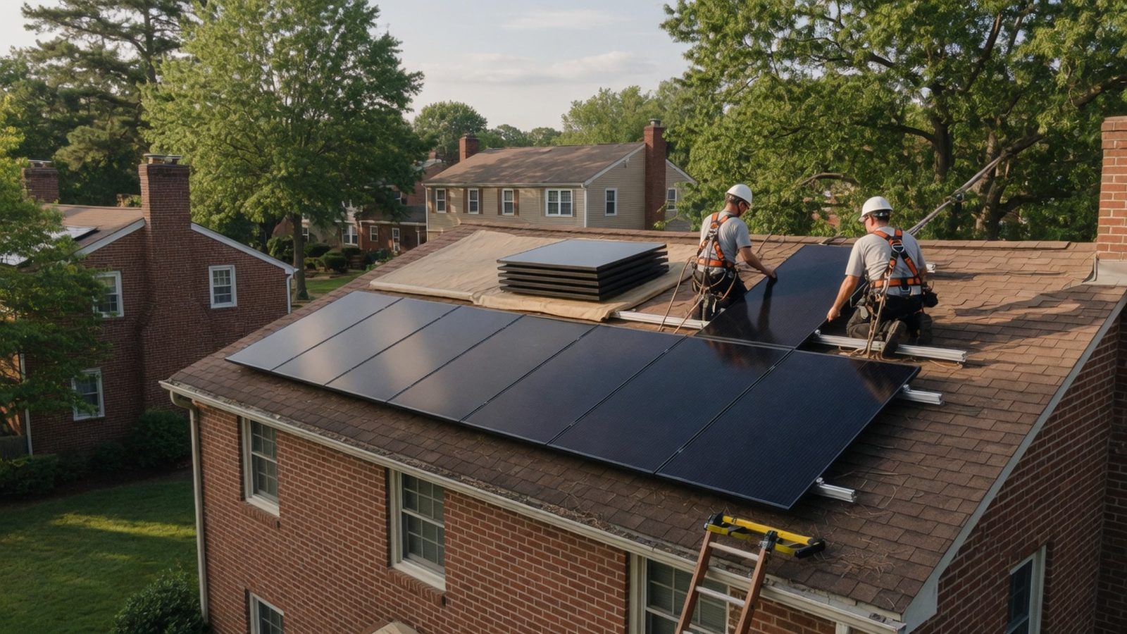 Two installers in harnesses and hard hats setting a panel on a brick house roof.