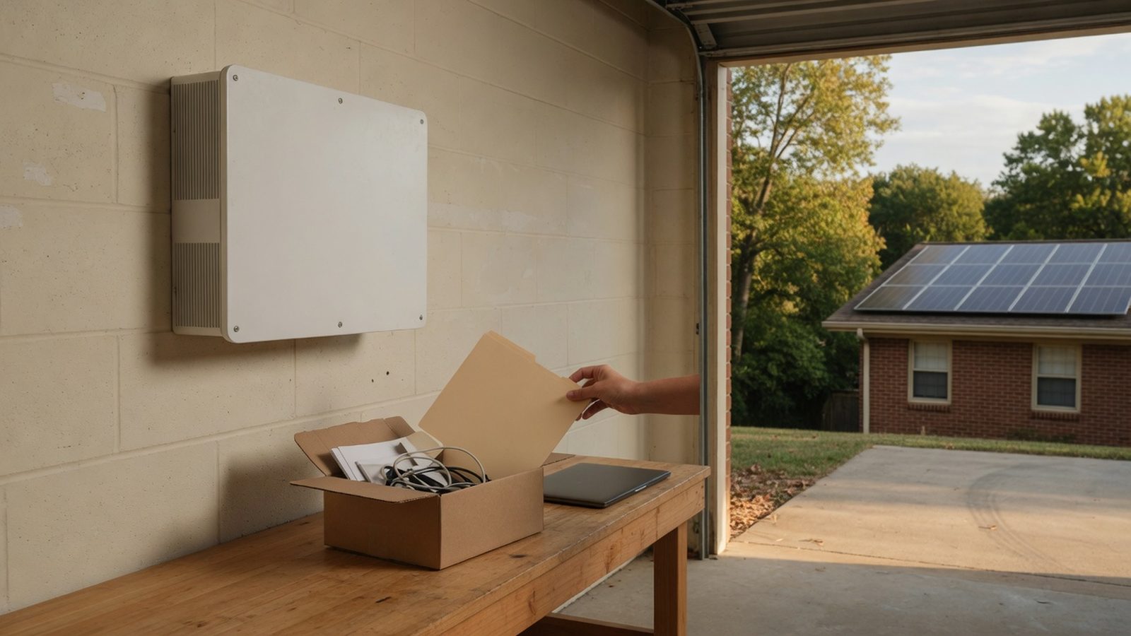Homeowner's hand pulling a folder from a box of manuals beside a wall-mounted inverter.