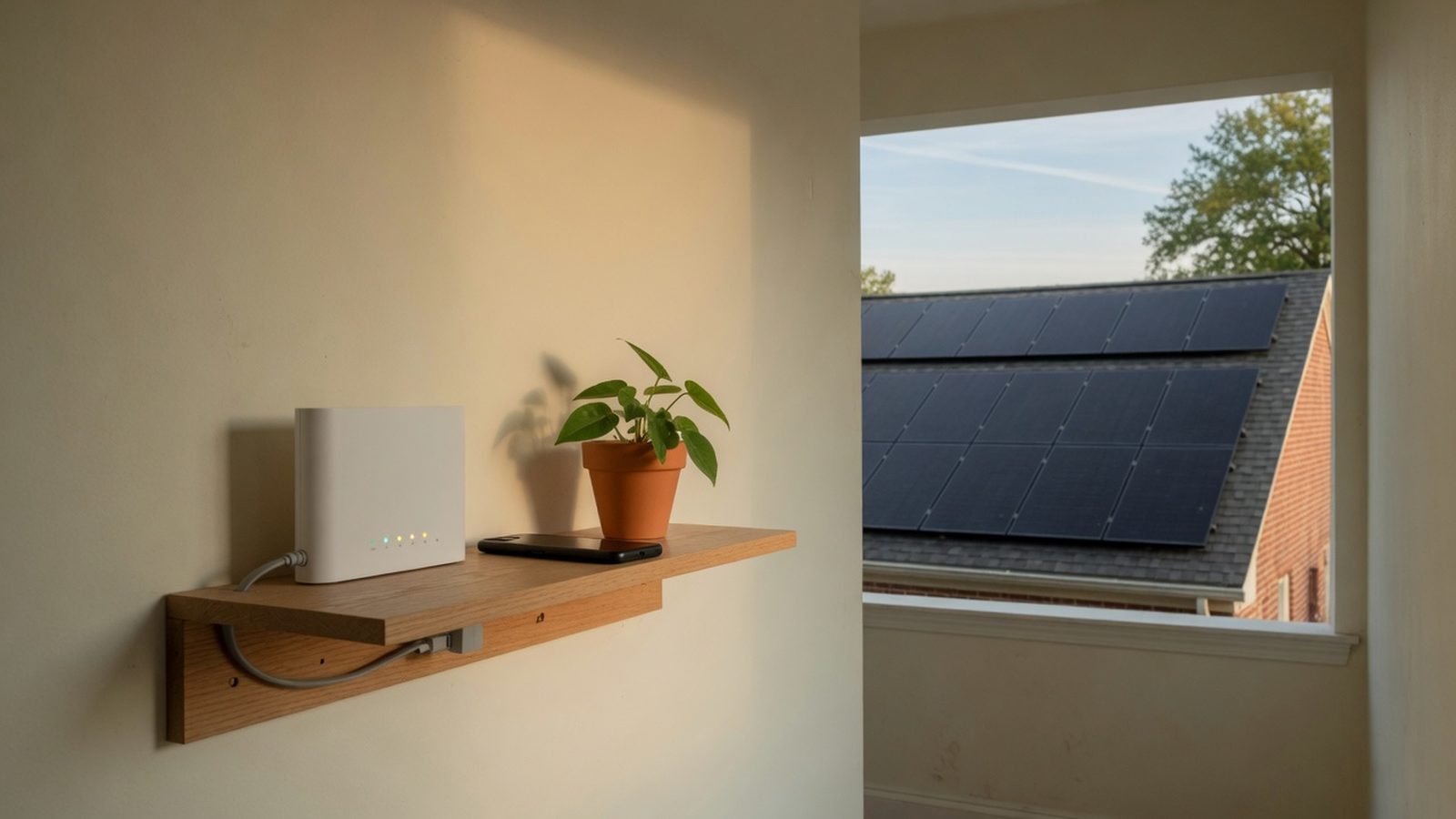 Home Wi-Fi router on a hallway shelf with a solar-panel roof visible through the window.