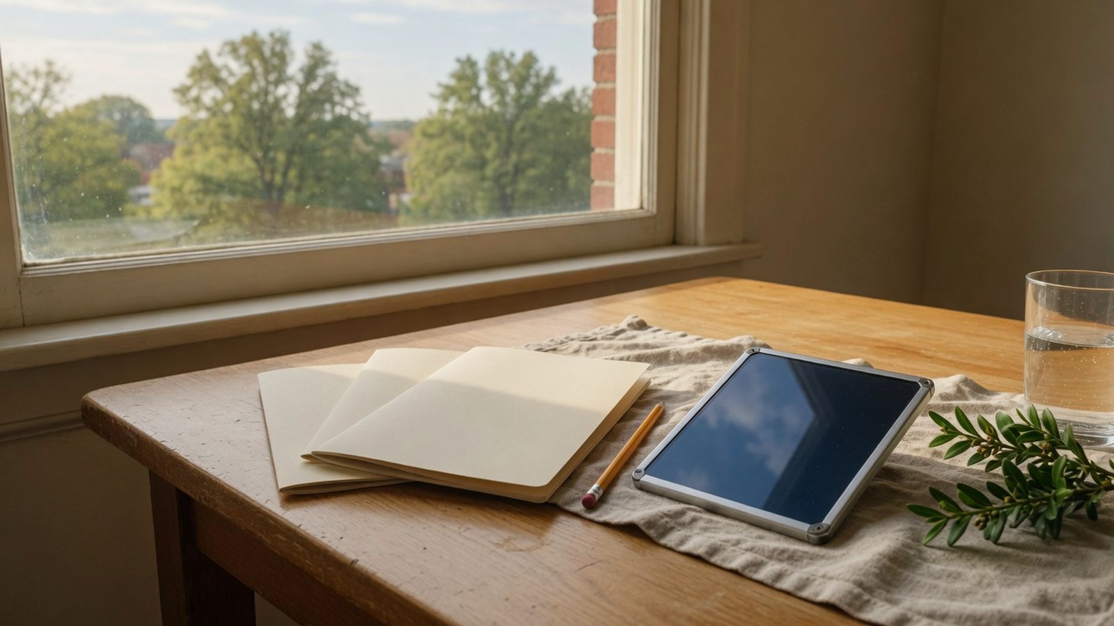 Three plain folders and a small solar panel sample on a wooden table by a window.