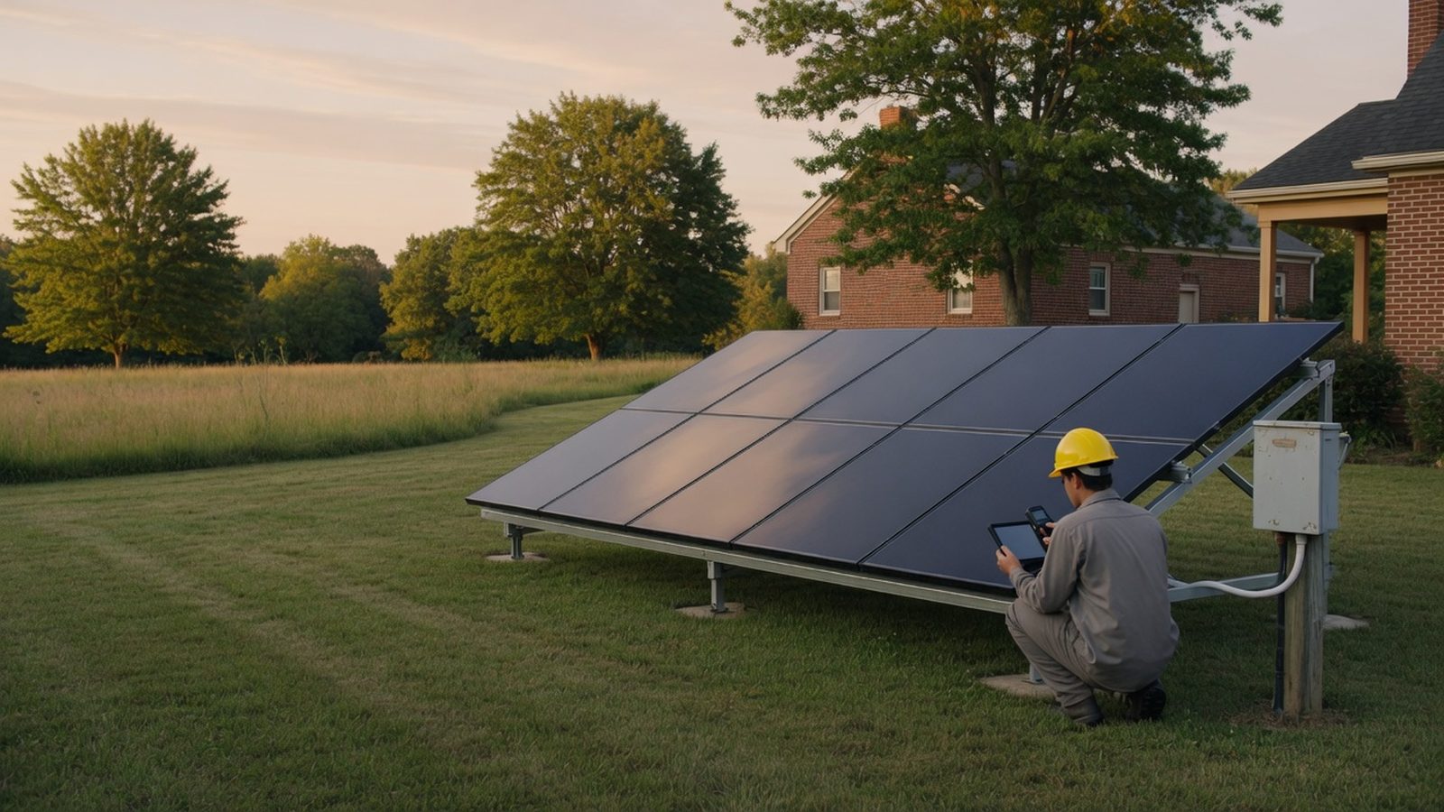 Technician crouching beside a ground-mounted solar array with a handheld test meter at sunset.