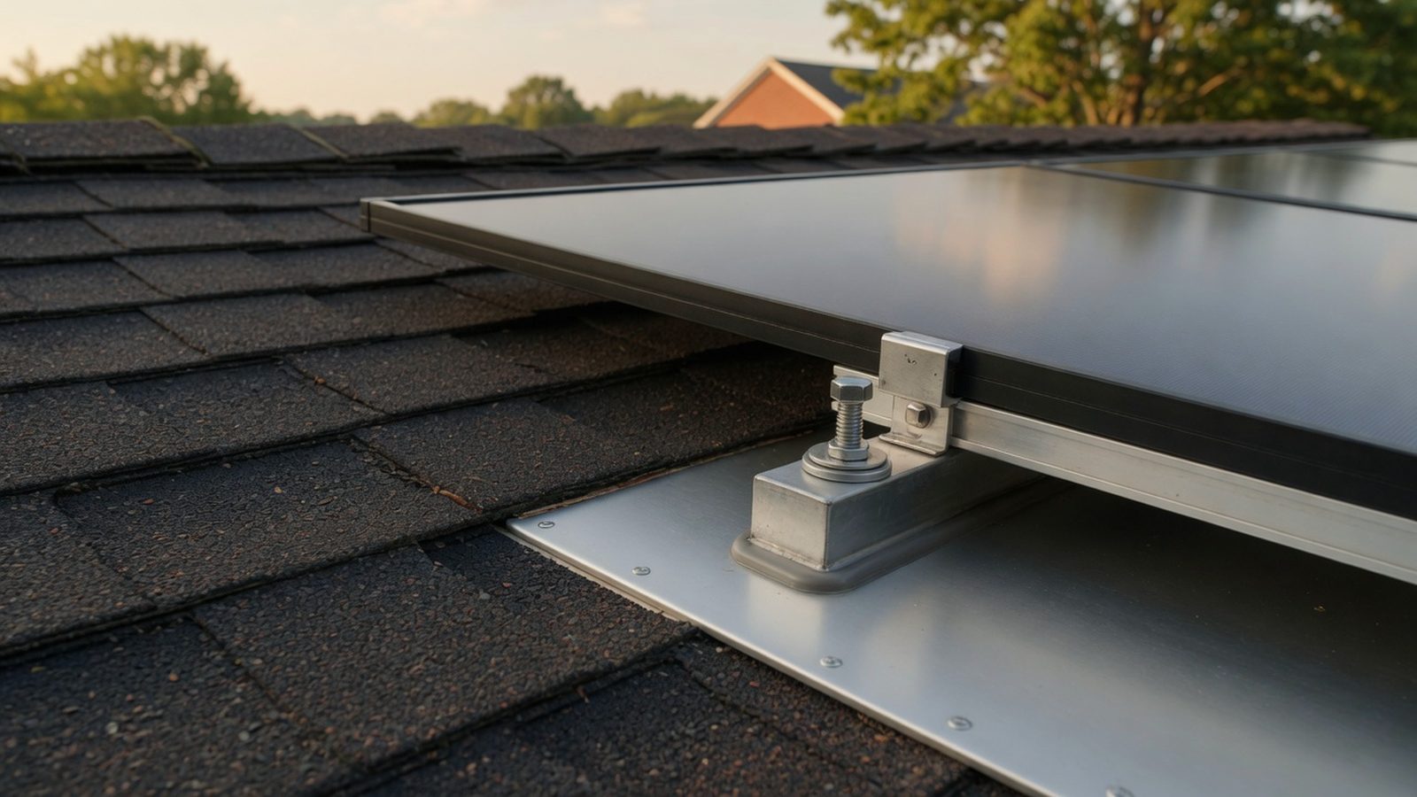 Close view of a flashed solar mounting bracket on a shingle roof with a rail attached.
