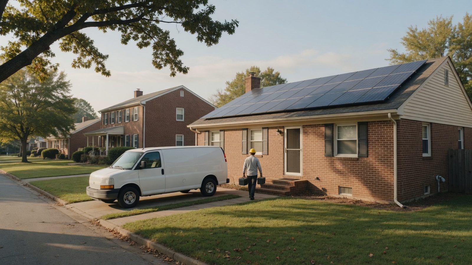 Technician with a toolbox walking toward a solar-roofed brick house, plain van at kerb.